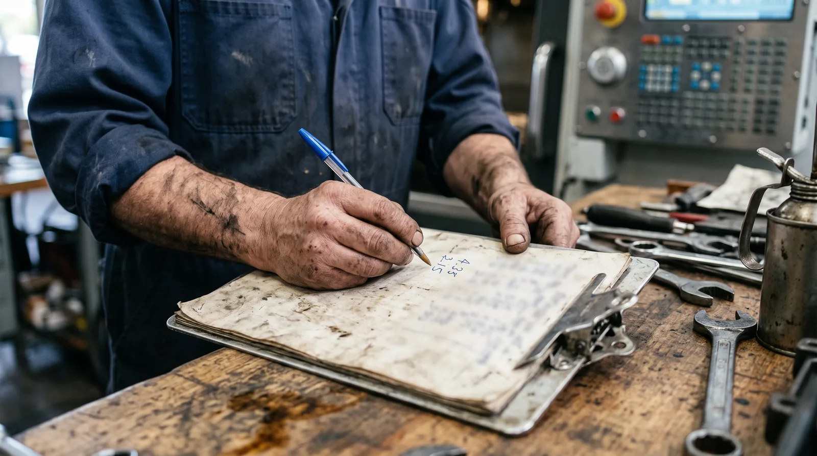 Les mains d'un opérateur recopiant des chiffres au stylo sur une feuille de relevé fixée à une planchette, posée sur un établi d'atelier près d'un pupitre de machine.