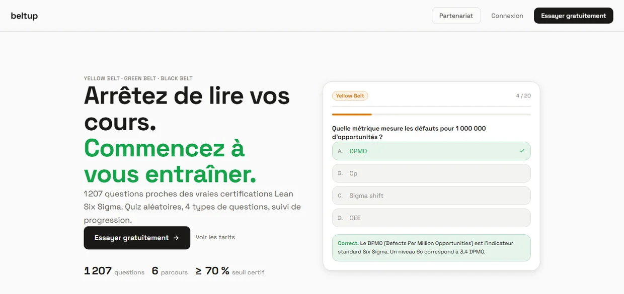 Page d'accueil de beltup : une question de niveau Yellow Belt sur le DPMO, la bonne réponse mise en évidence, et l'explication affichée sous les propositions.
