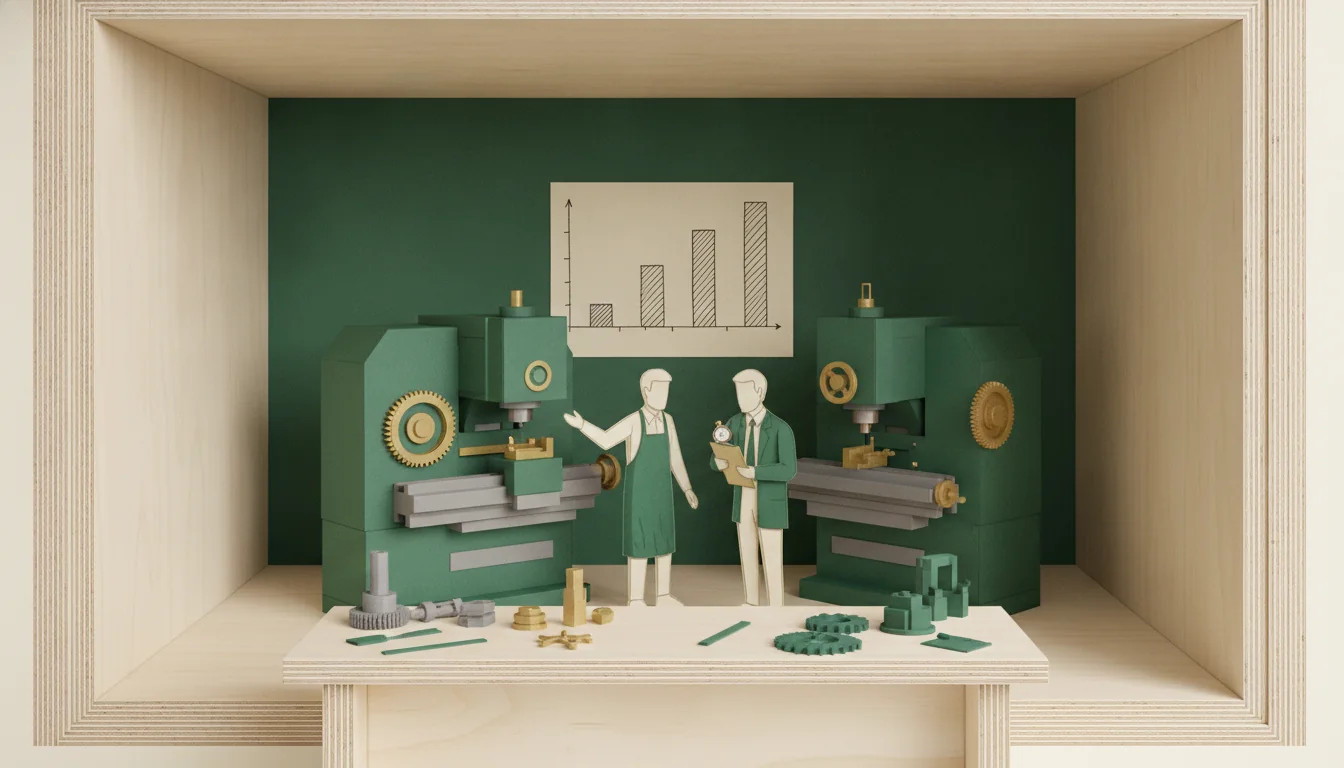 Un atelier en papier découpé : le responsable montre une machine au consultant, qui note