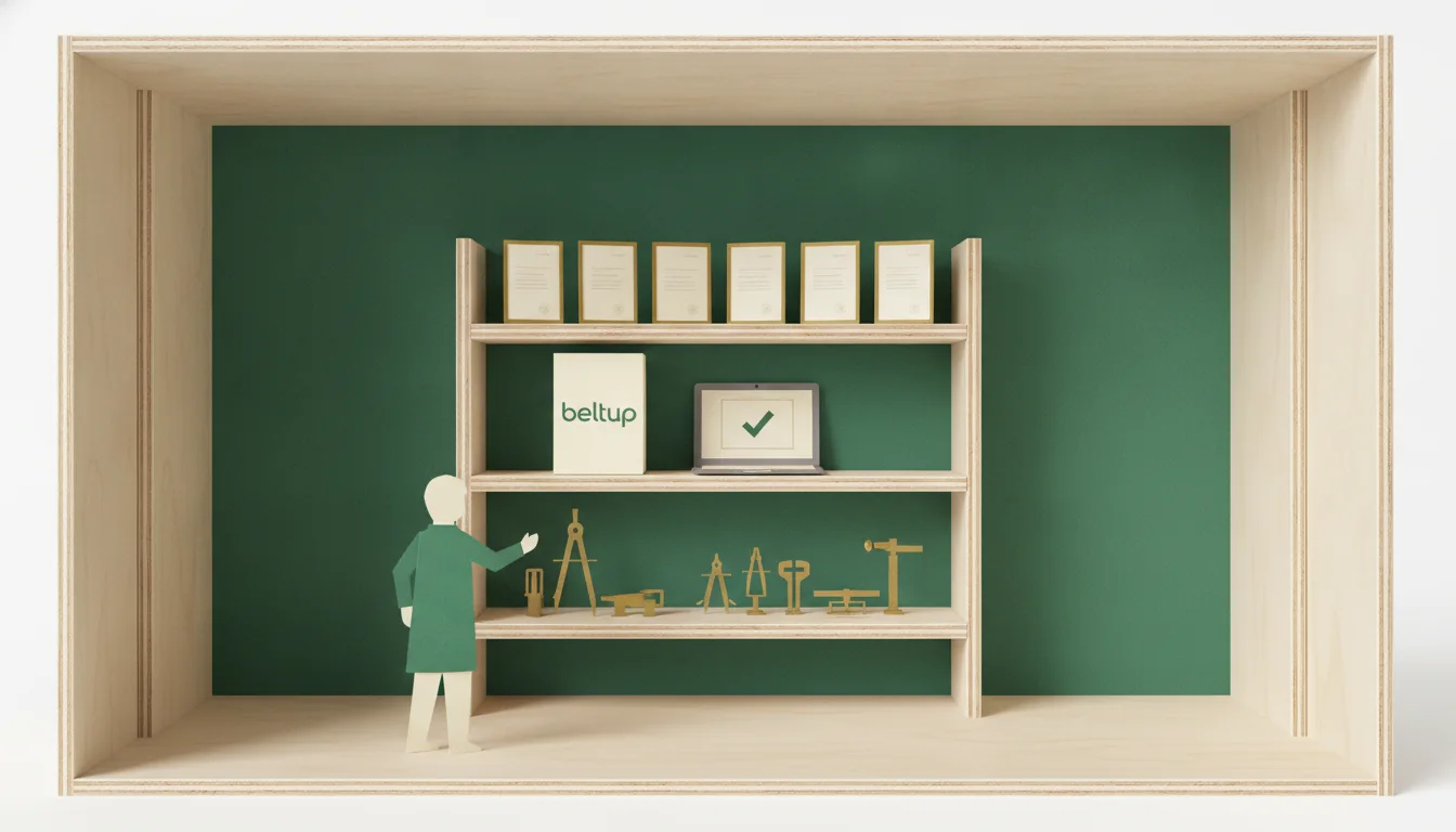 Une étagère en papier découpé avec la boîte beltup, un ordinateur et des instruments de mesure